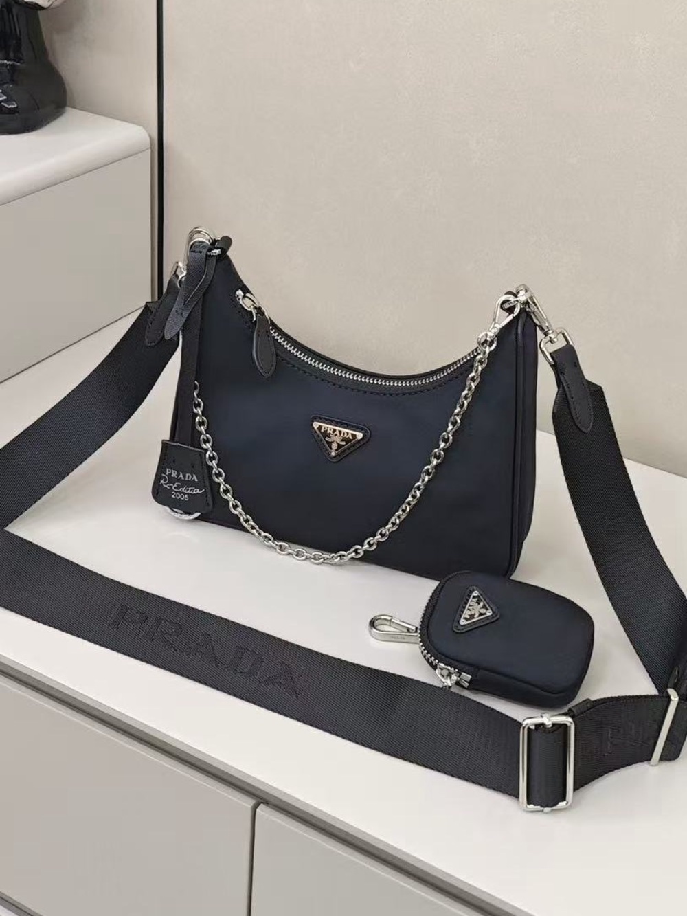 Prada Black Nylon Chain-Trim Crossbody with Coin Pouch